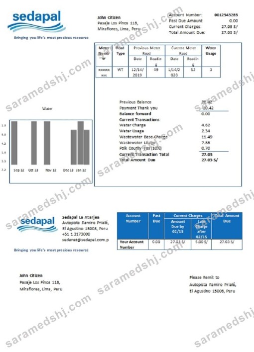 Peru Sedapal La Atarjea water utility bill template in Word and PDF format